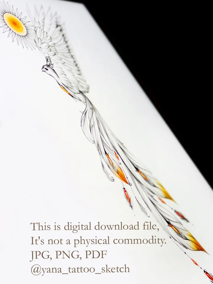 Phoenix Tattoo Design Phoenix Sun Tattoo Idea Drawing Sketch, Instant download JPG, PDF, PNG