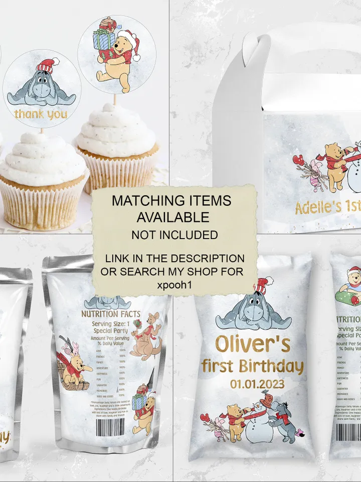 Editable Photo Banner one year garland Winnie the Pooh First Birthday Photo Banner Garland; Hundred Acre Wood Party; Download; xpooh1