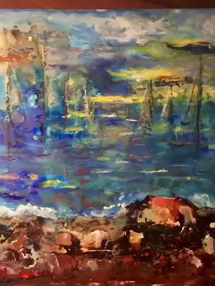 Sunset mirage,mix media painting on yupo paper,fantasy sea boats abstract painting,gift,home decoration,wall  hanging