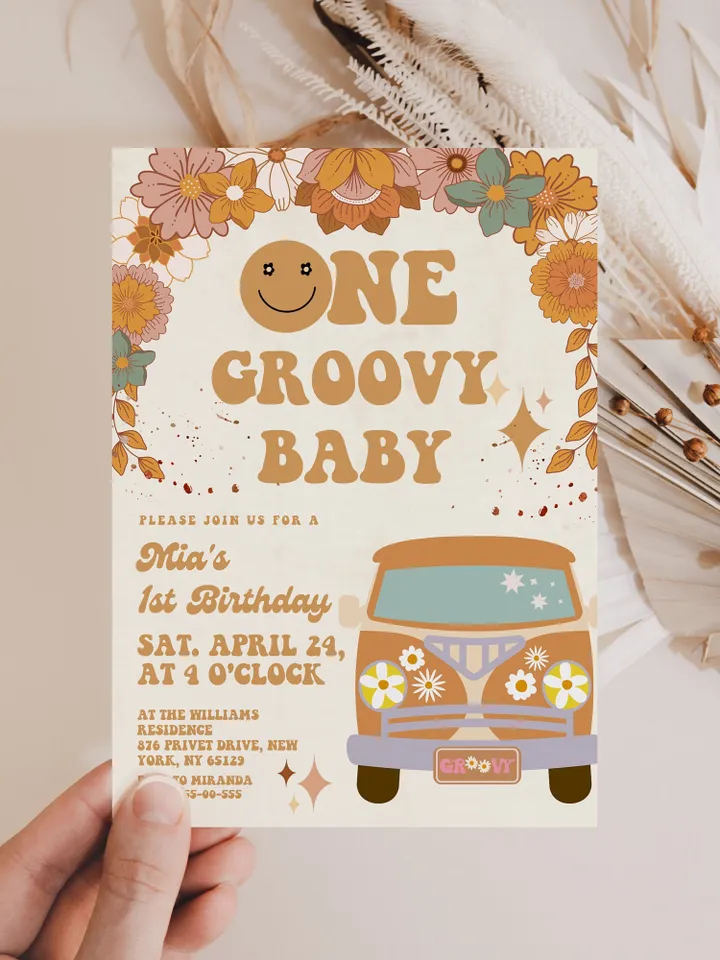 One Groovy Baby Editable Any Age Pink Groovy Van Daisy Rainbow Hippie Birthday Invitation Let's get Groovy 1st Birthday Invitation ; gr3
