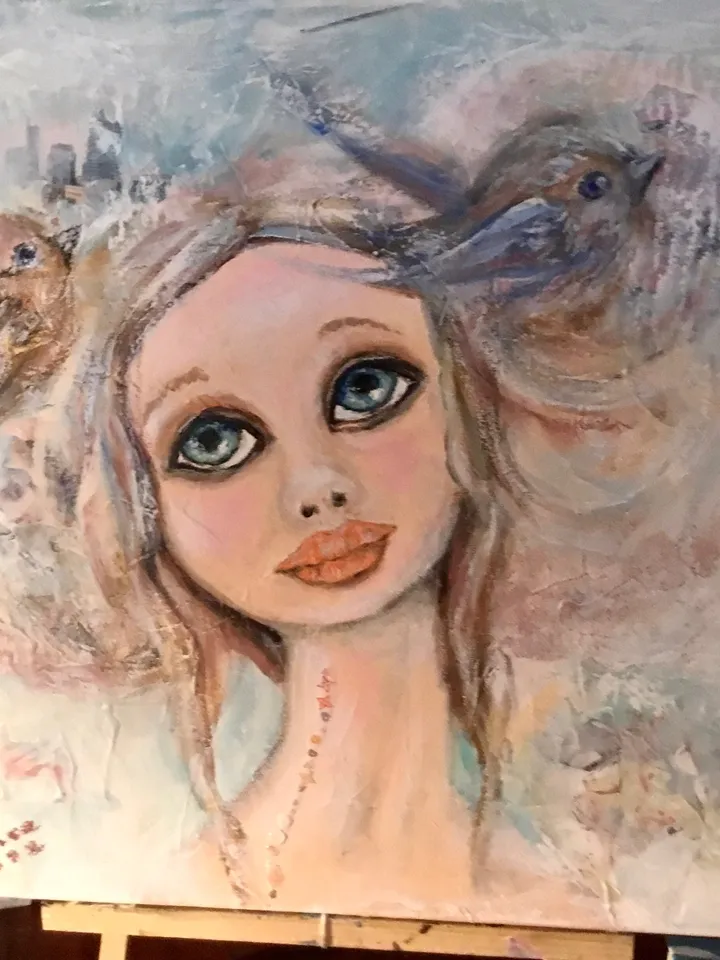 Lucky dreamer- mix media doll and birds painting on stretched canvas,original painting,one of a kind.