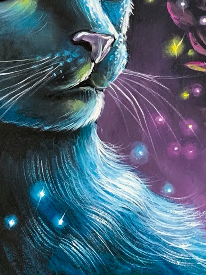 Black Cat and butterflies, oil painting on cardboard