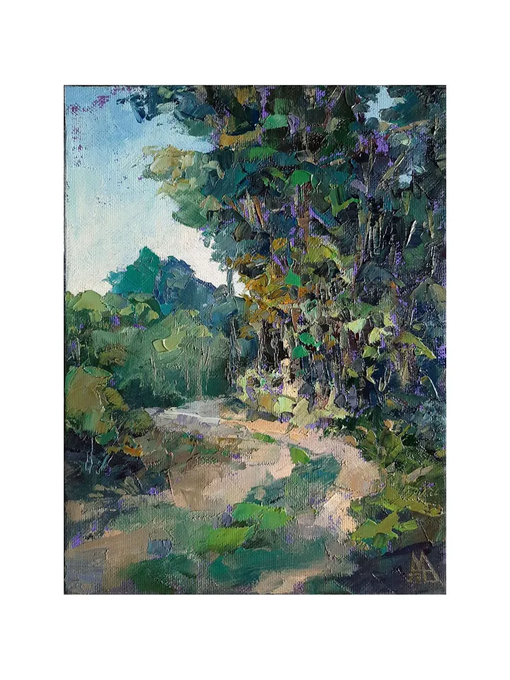 Sunlit Path Park Painting 9,4x7,1" Trees Summer Landscape ORIGINAL ART Impressionist Artwork hand painted by artist Marina Chuchko