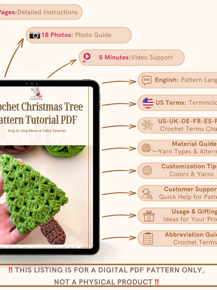 Crochet Christmas Tree Pattern Tutorial PDF, Easy Holiday Crochet Pattern for Beginners, DIY Christmas Ornament Instructions