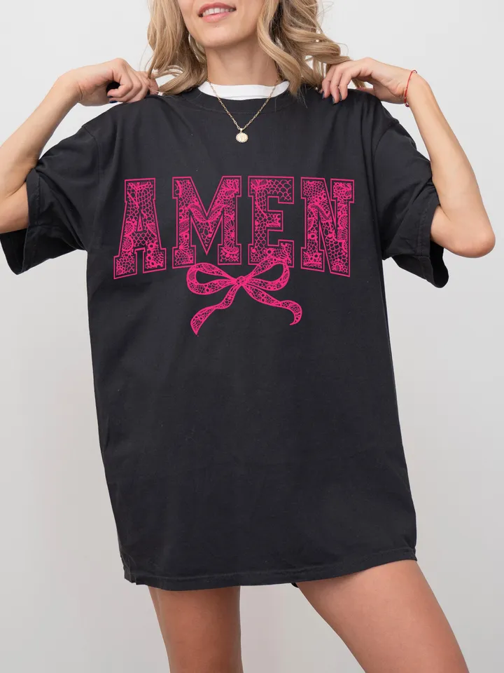 Amen Pink Lace Bow png, easter png, Lace Coquette Bow png, Spring png, Lace bow easter png, Faux Embroidery Girly, bible verses easter png