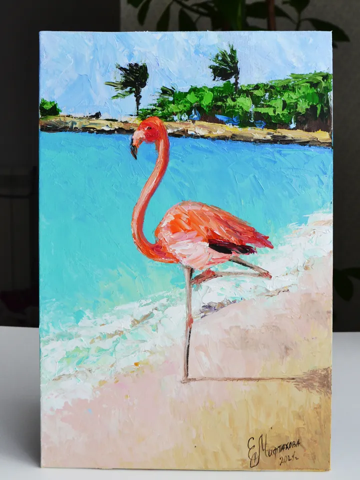 Flamingo Painting Original Art Flamingo on the Beach Painting Seascape painting Pink Birds Oil Painting Impasto 8 by 12 by MilenaART