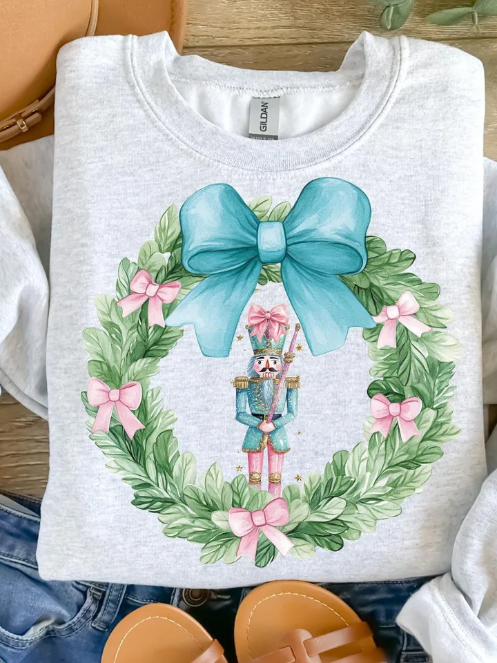 Christmas Toile PNG Nutcracker Wreath Christmas PNG Preppy Nutcracker Blue Toile Coquette Bow PNG Christmas Blue Digital Design Pink Bow png