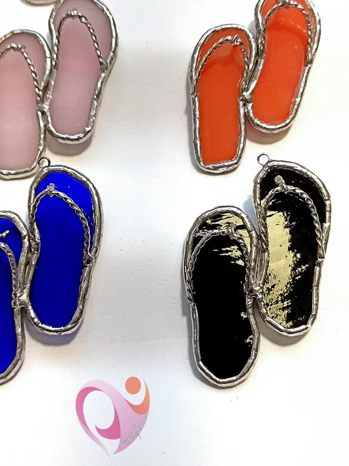 Real Stained Glass Flip Flop Car Charm or Bag Charm Suncatcher for Beach Lovers Cute Rear View Mirror Decoration Unique Purse Accessory
