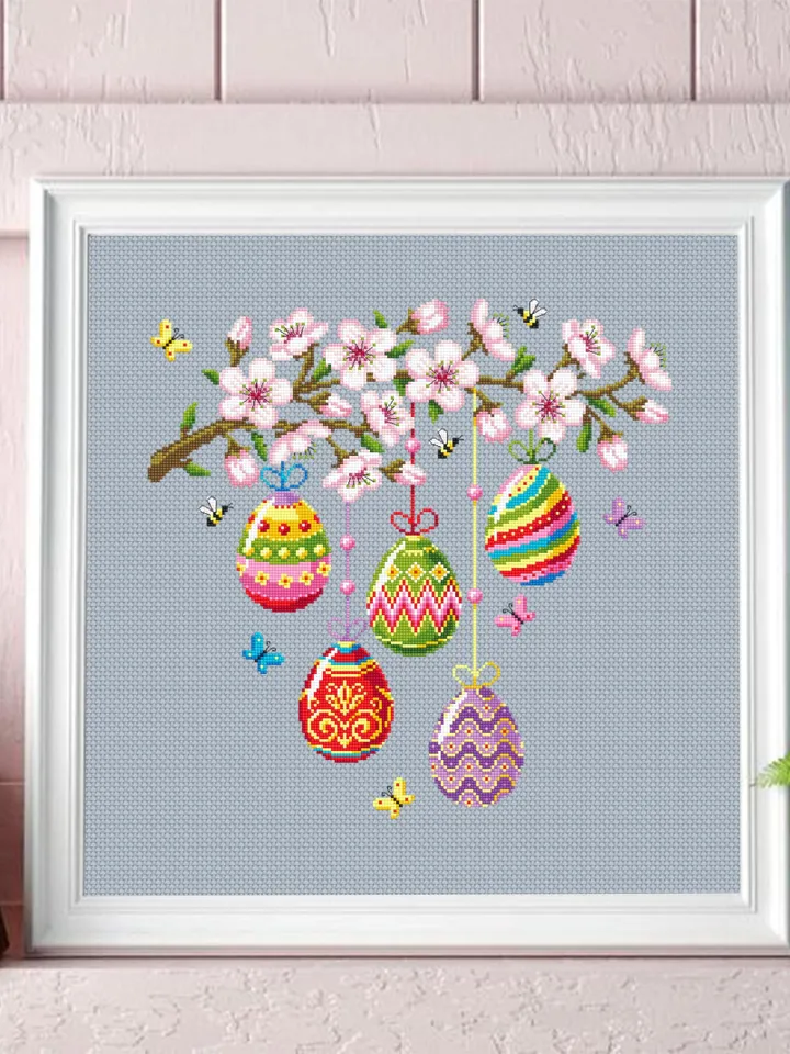 Happy Easter cross stitch pattern PDF download Easter eggs cross stitch chart, Spring pattern digital PDF, Cherry blossoms cross stitch #T45