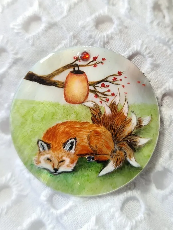 Kitsune brooch, real oil painting miniature on mother of pearl. Kitsune fox pin