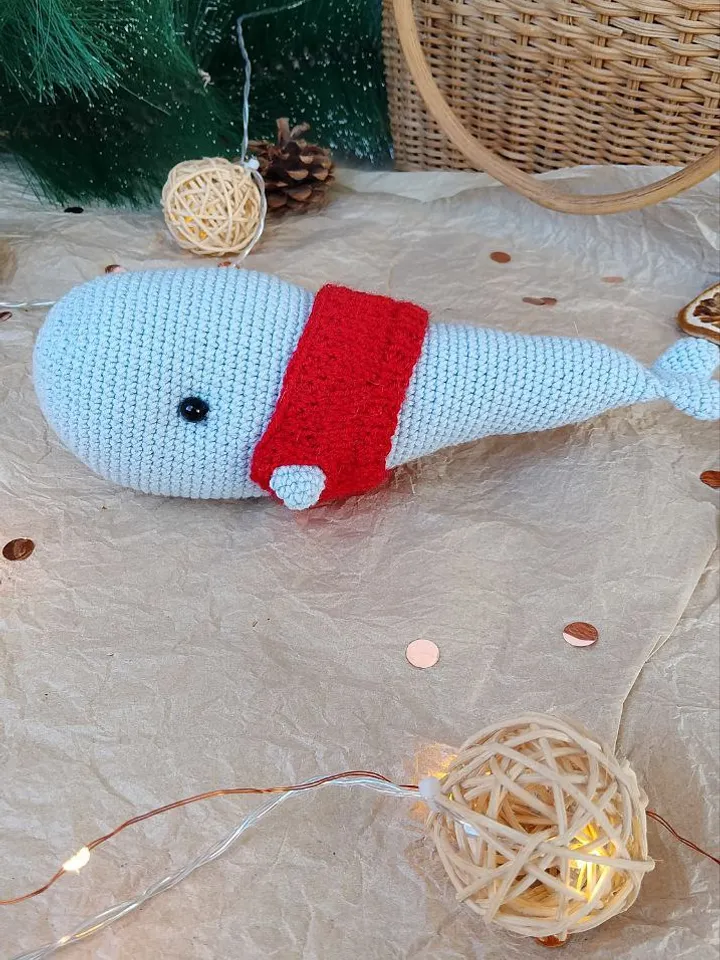 Stuffed blue whale toy for nursery decor. Soft toy made of cotton yarn blue whale. Gift for a boat trip lover.