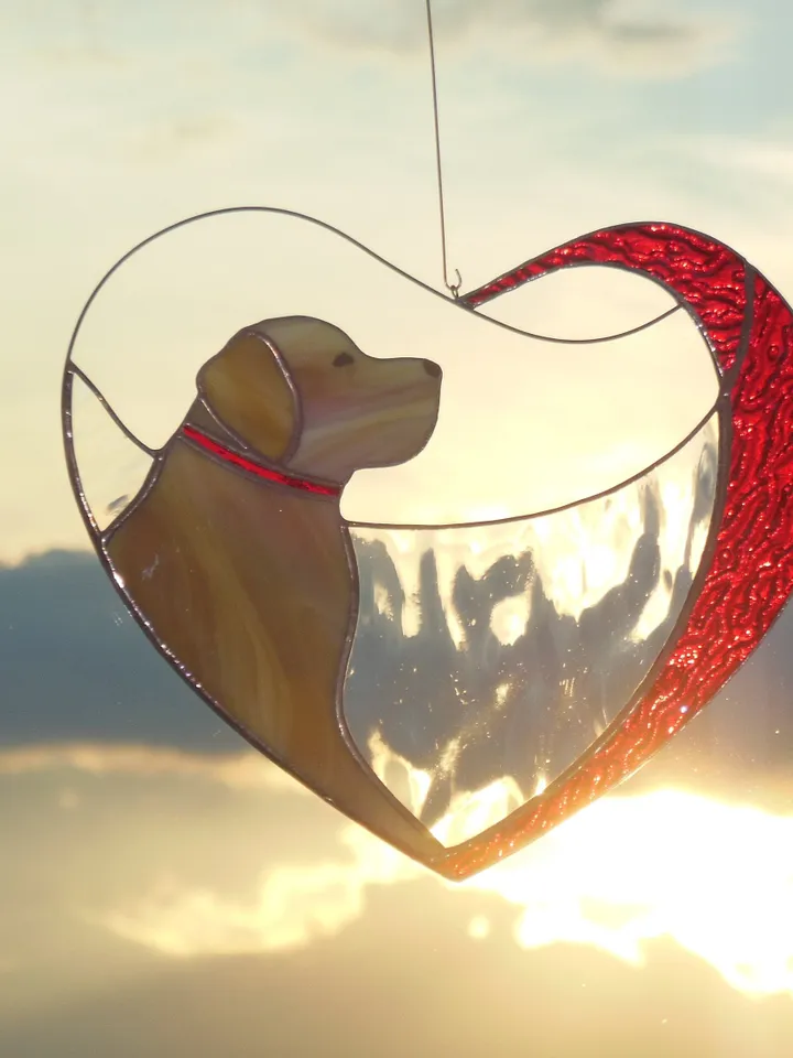 Dog Golden Retriever Labrador in Red Heart . Art Stained glass window hanging Suncatcher , Gift for animal lover , pet loss memorial