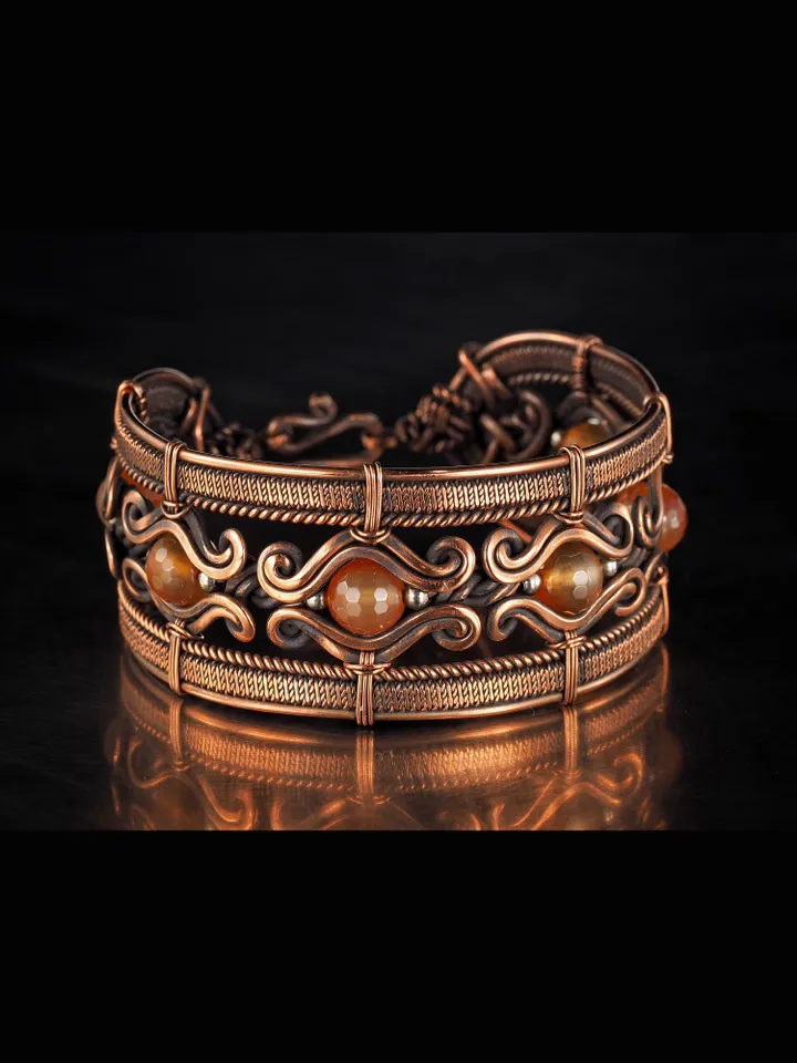 Cornelian wire wrapped copper bracelet 7th Anniversary gift