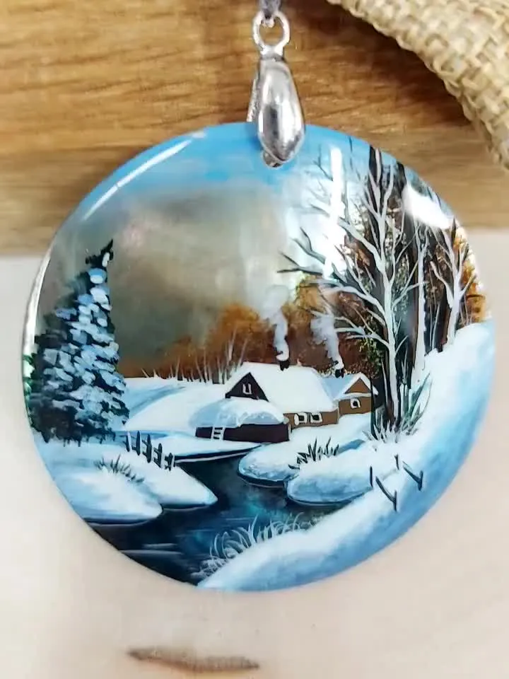 Nice Pendant Winter landscape. River. Mother-of-pearl Russian hand painting. Hand-painted necklace pendant. Hand painted miniature painting