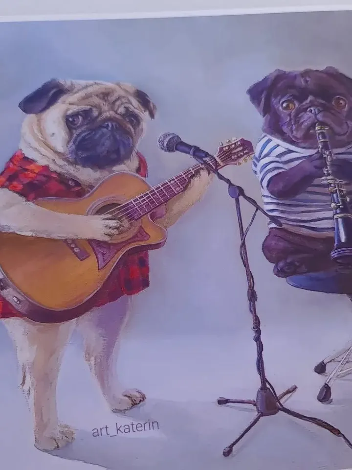 print of oil painting Pugs musicians