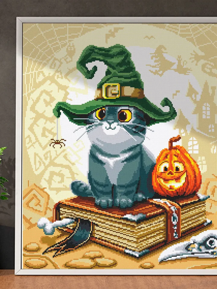 Halloween witch cat cross stitch pattern PDF download Cute cat in the hat cross stitch chart, Halloween pattern digital PDF, Witch hat #H25