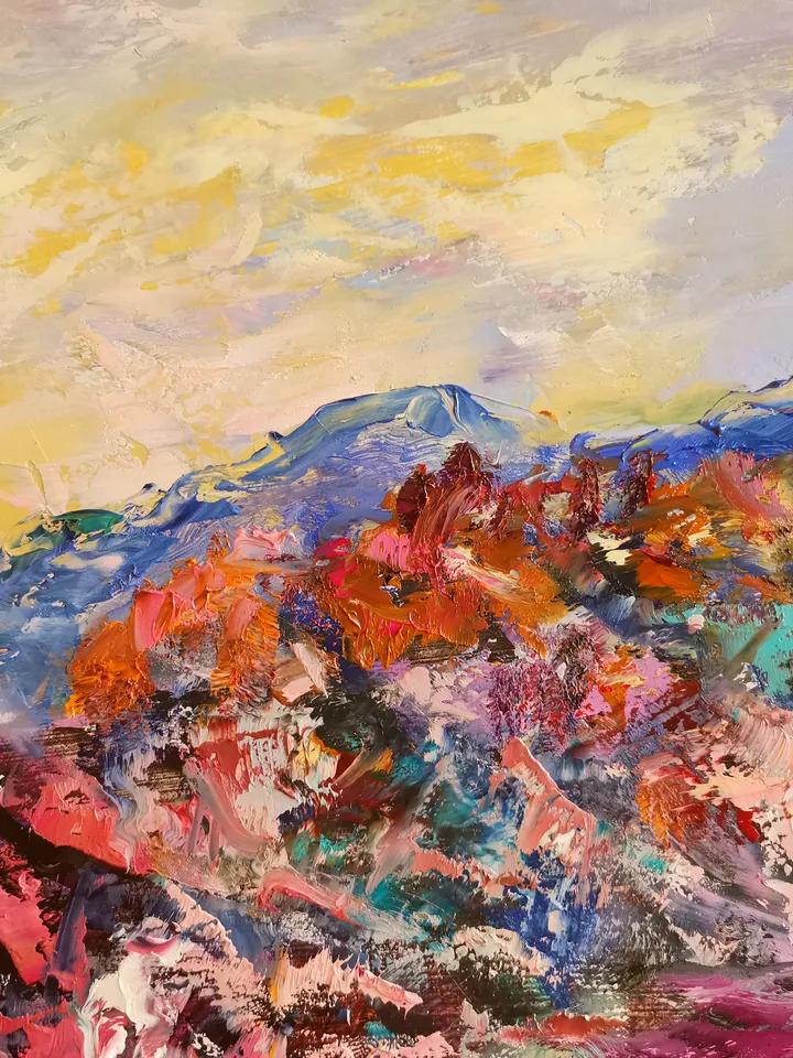 Waterfalls Sunset Trees Mountain Original Art Oil Painting Artist Svinar Oksana