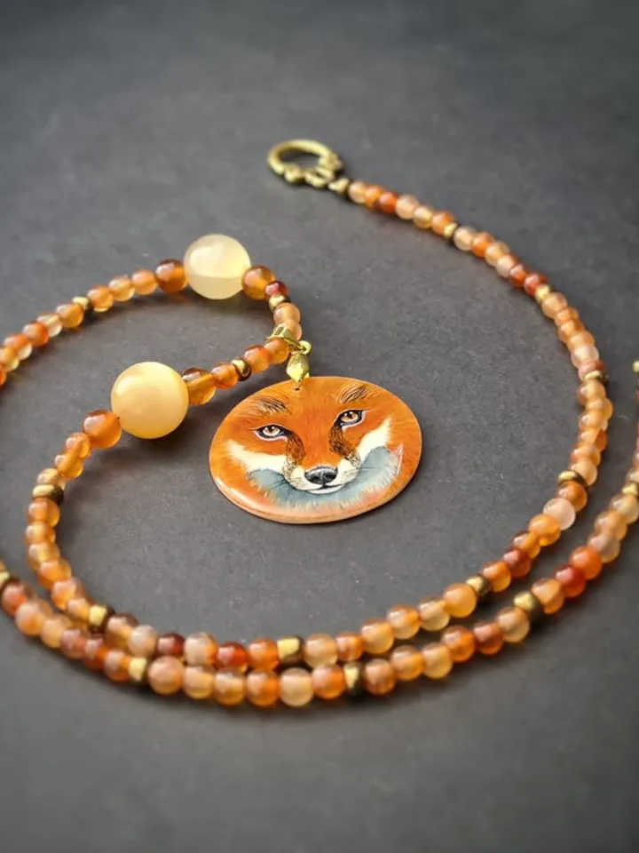 Fox necklace Miniature painting. Mother pearl pendant. Christmas Gift wrapping