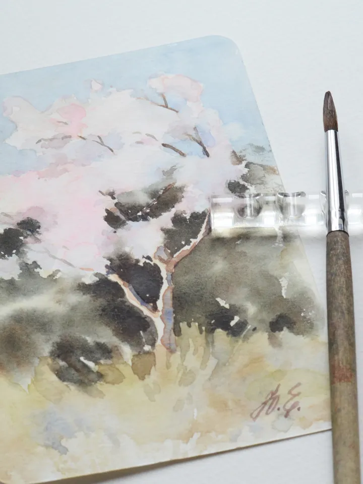 Flowering tree painting Original watercolor postcard Small artwork by Yulia Evsyukova