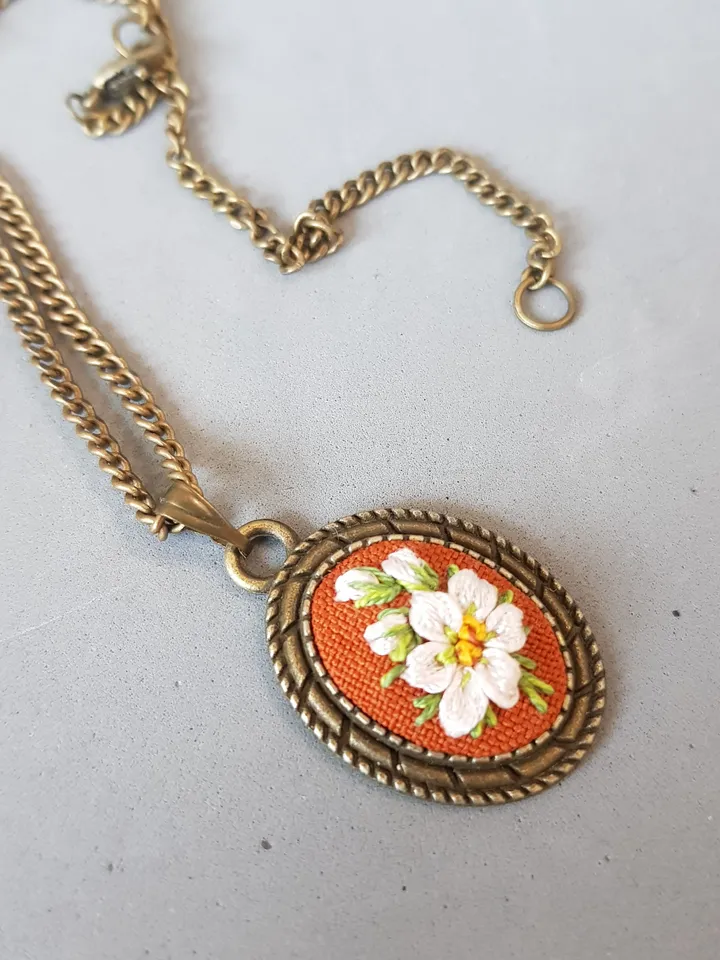 Ribbon embroidered pendant for her, handmade jewelry embroidery