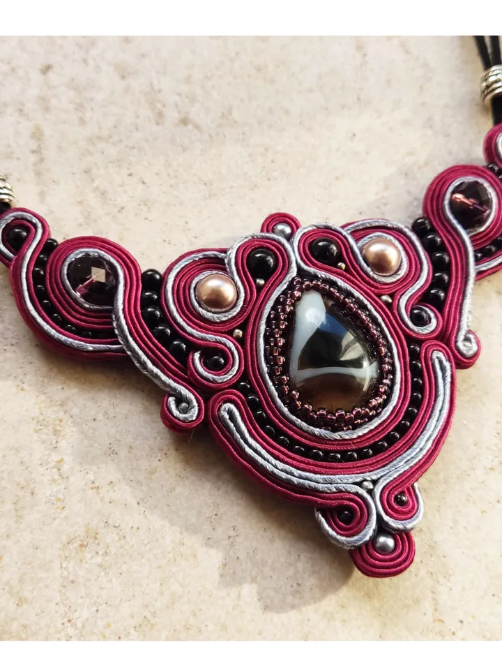 Burgundy necklace with Agate stone, Soutache Embroidered statement necklace