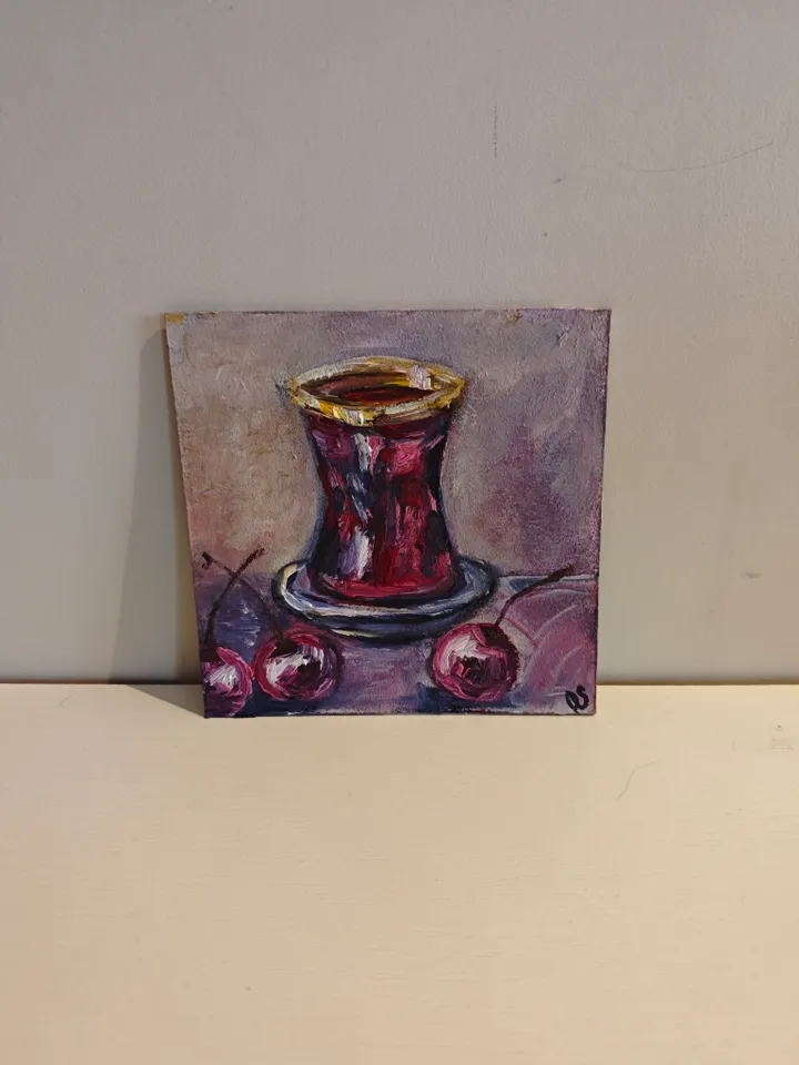 Cherries And Hibiscus Red Tea Original Painting Fruit Original Art Cherries And Glass Red Tea Modern Artwork Bright Cherry Oil Painting Cherry Fruit And Hibiscus Tea Wall Art Decor 5 x 5 inches by OlgaSokolovaArt