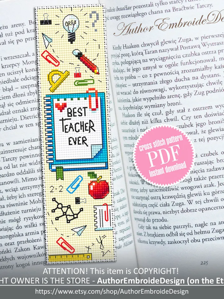 Teacher bookmark cross stitch pattern PDF download Best teacher ever, Handmade bookmark pattern digital PDF, Teachers day gift School #B353