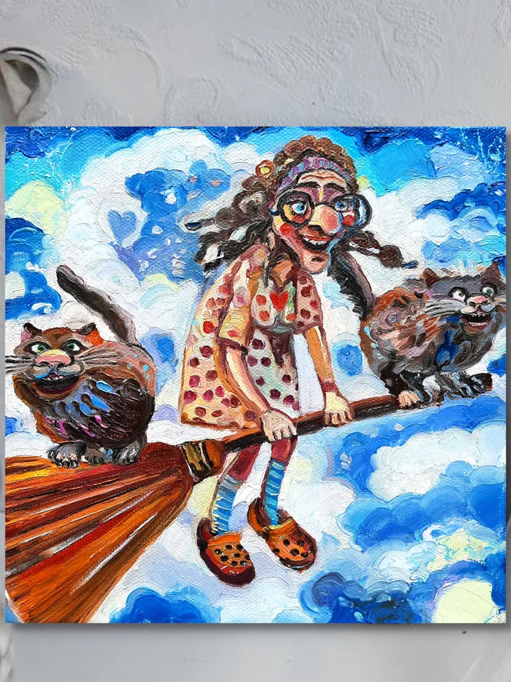 Funny Grandmother with the cats Original Oil Painting Oil on Canvas Small Painting