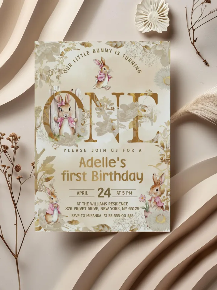 Editable and Printable Invitation template for 1st Baby Birthday party in Peter Rabbit style instant download and unlimited access pr777