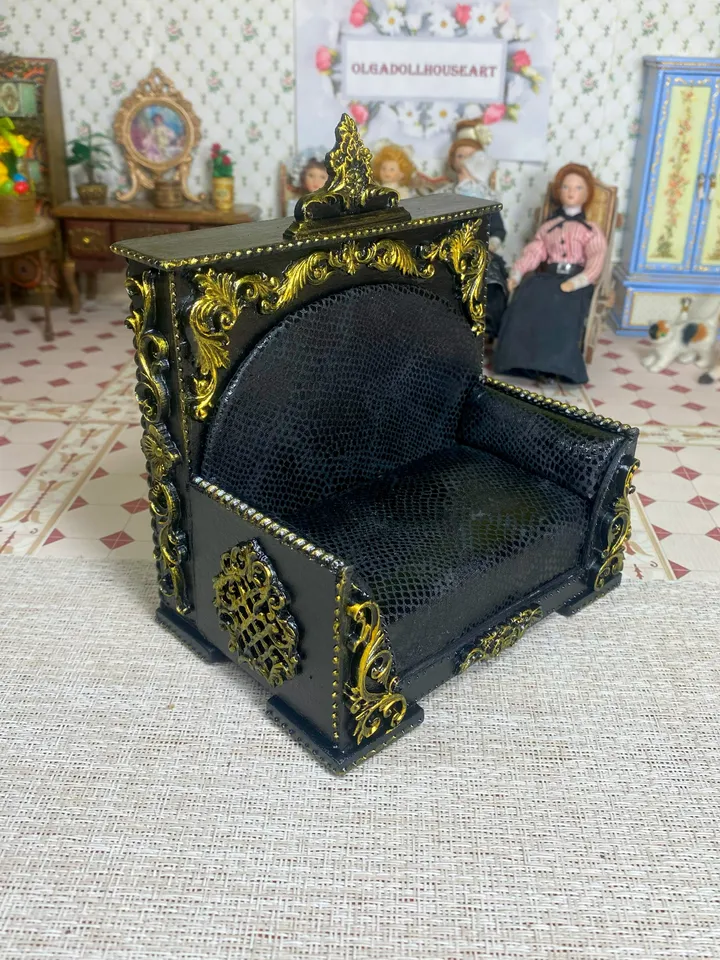 Vintage style doll sofa with gold trim. Black sofa. 1:12. Dollhouse miniature. Rare sofa for dolls. Handmade.
