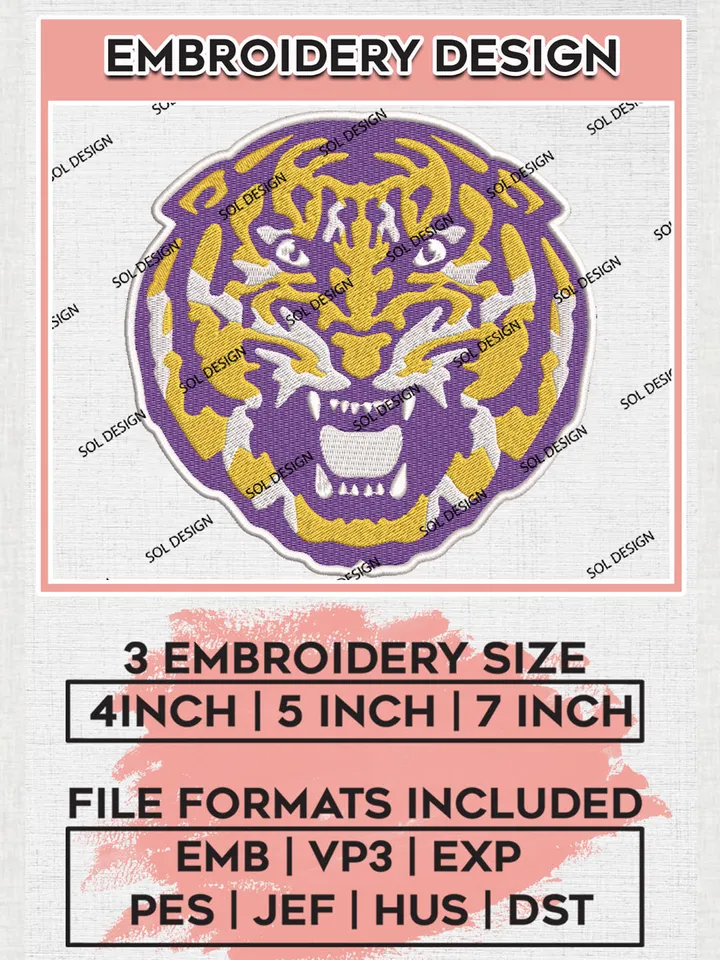NCAA LSU Tigers Team Head Mascot Logo Embroidery Design Files, NCAA LSU Tigers Machine Embroidery, NCAA Teams, 3 sizes, NCAA Machine embroidery designs, Digital Download