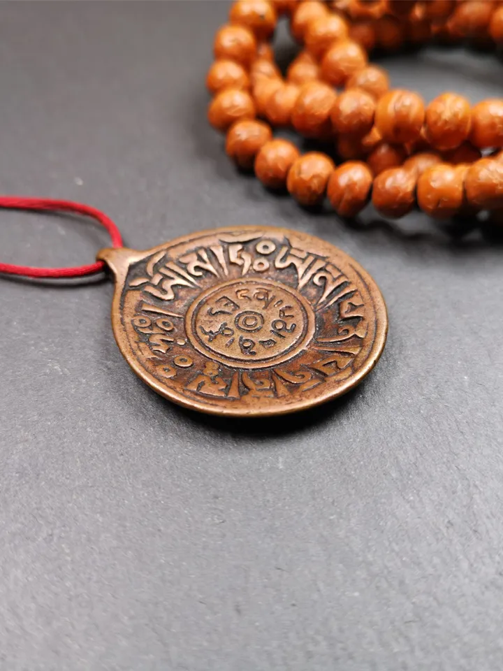 Gandhanra Vintage Tibetan Buddhist Amulet,Om Badge Pendant, Mantra of Om Mani Padme Hum, Made of Red Copper,1.46"