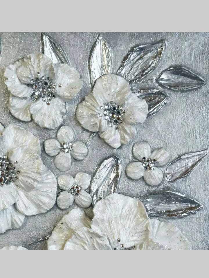White Pearl Poppies Flower Textured artwork | Silver Glittery Original Painting Floral Art with Crystal