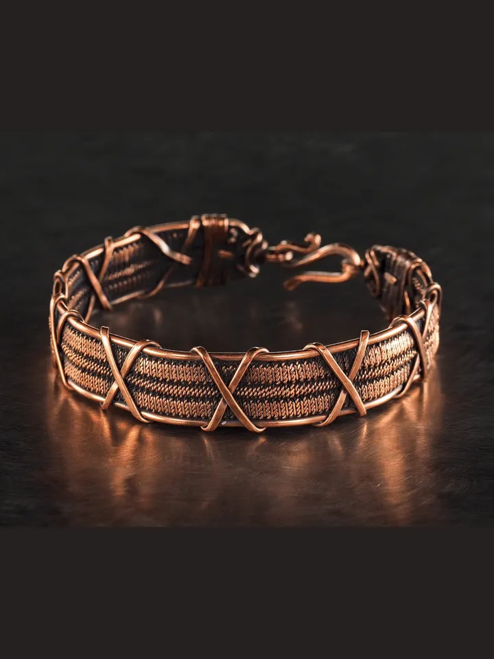 Wire wrapped bracelet, Unique 7th 22nd Anniversary gift idea, Art Nouveau antique style, One of kind braided statement bangle, Handmade oxidized pure copper jewelry, Pain relief, EMF protection