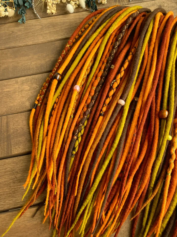 Wool Brown orange mustard green pumpkin, rust red copper Double Ended dreadlocks, Ready to ship