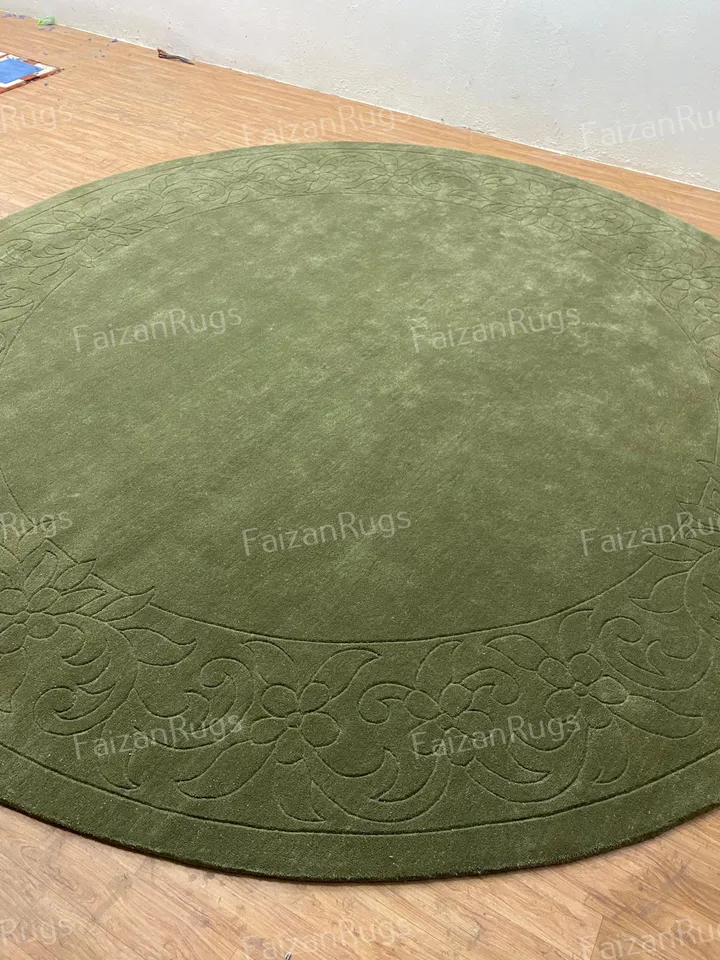 Ready to Ship 11x11 Green Hand Tufted Rug | Hand Carving Rug | Circle Shape Rug 100% Wool For Kids Room | Living Room | Bed Room Nursery