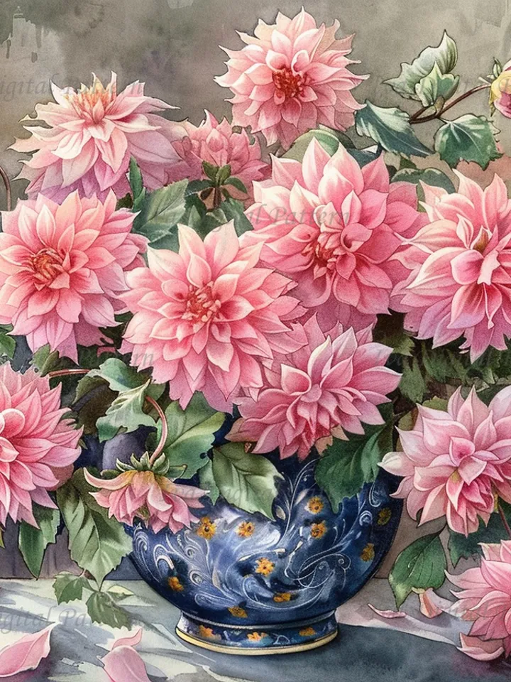 Bouquet of pink dahlias in a vase watercolor drawing, digital illustration, digital painting , wall art decoration. AI