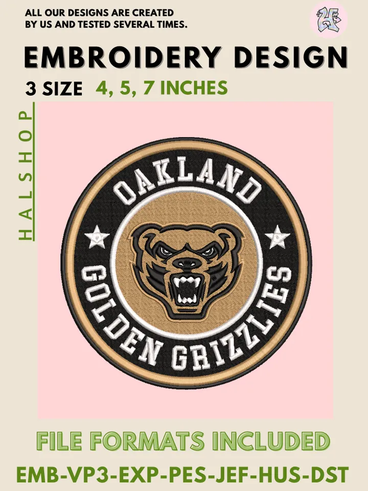 NCAA Oakland Golden Grizzlies College Logo Embroidery Design – Classic Team Pattern, 3 Sizes Machine Embroidery Files, Instant Digital Download