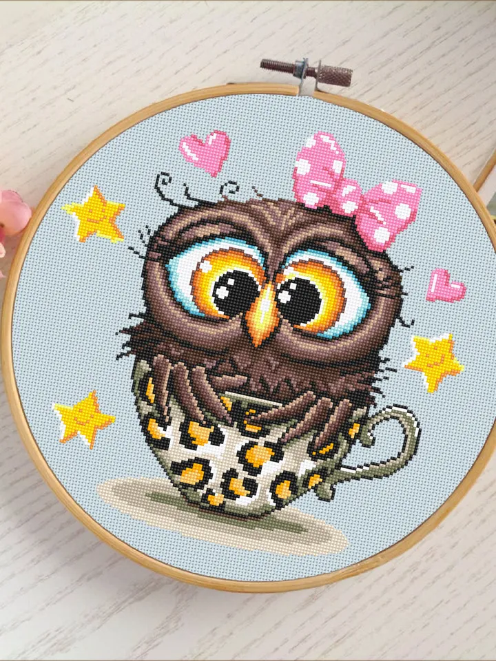 Cute owl cross stitch pattern digital PDF Leopard print cup cross stitch Instant download PDF Funny bird xstitch chart Modern Home decor #D5