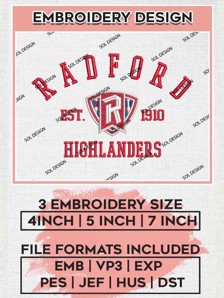 Radford Highlanders Est 1910 Embroidery Designs, NCAA Radford Highlanders Team Embroidery, NCAA Team Logo, 3 sizes, Machine embroidery Files, Digital Download