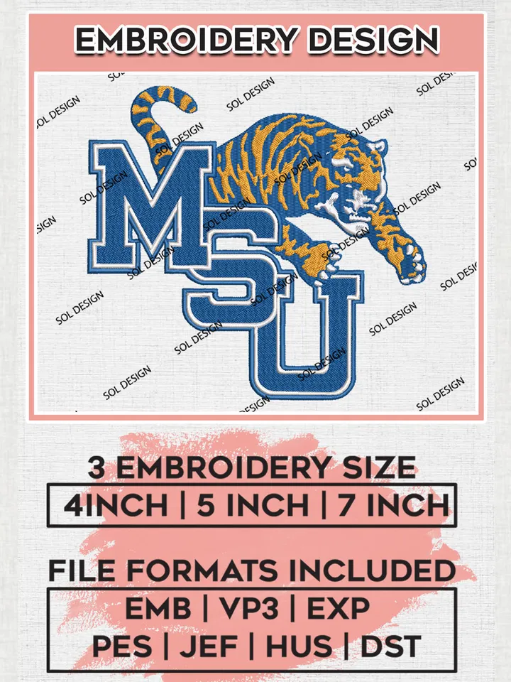 NCAA MSU Tigers Logo Embroidery Design Files, NCAA Memphis Tigers Team Embroidery, NCAA Game Day, Machine embroidery designs, Digital Download