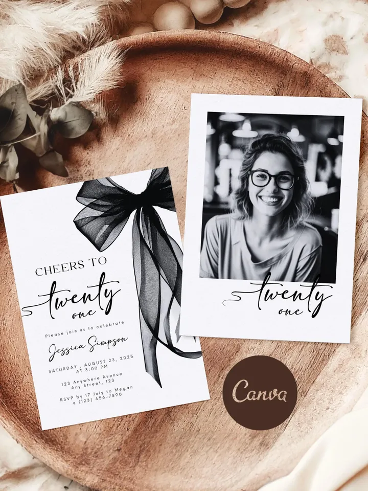 Coquette Black Bow 21st Invitation, Editable Twenty first Birthday Party Invite, DIY Digital Black Ribbon, Cheers to Twenty one Invite