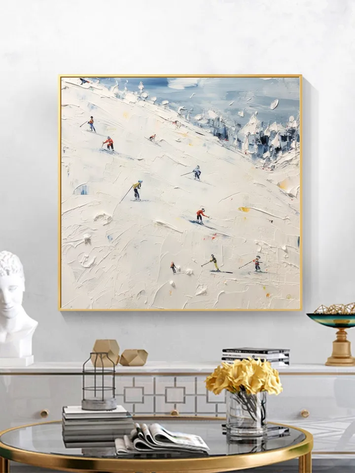 Original Painting on Canvas, Ski Sport Oil Painting, Snow Scene Painting, Large Wall Art, Custom Painting, Home Decor, Living room Wall Art