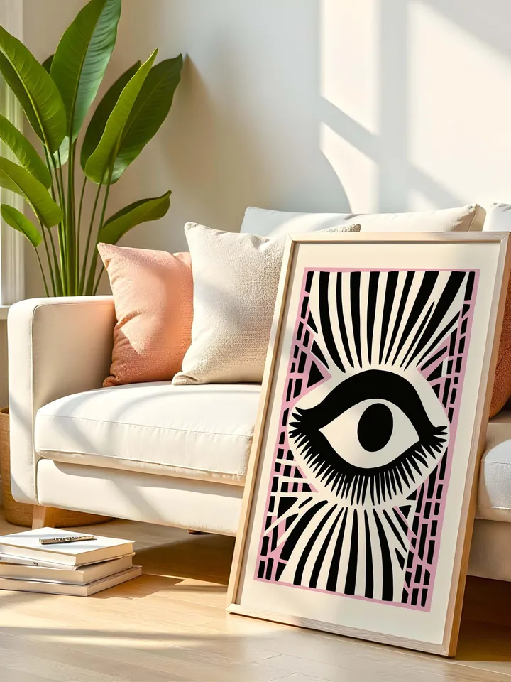 Eye Art Print Set, Bold Eye Poster, Pink Accent Graphic Print, Abstract Eye Wall Art, Minimal Eye Illustration, instant Digital Download