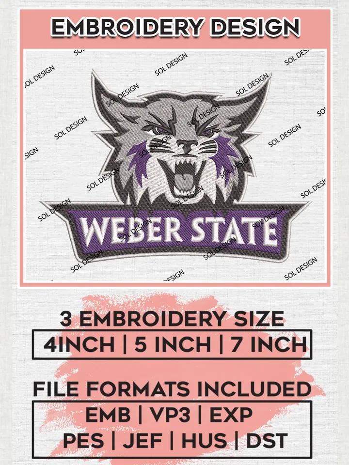 NCAA Weber State Team Mascot Logo Embroidery Design Files, NCAA Weber State Wildcats Machine Embroidery, NCAA Teams, 3 sizes, NCAA Machine embroidery designs, Digital Download