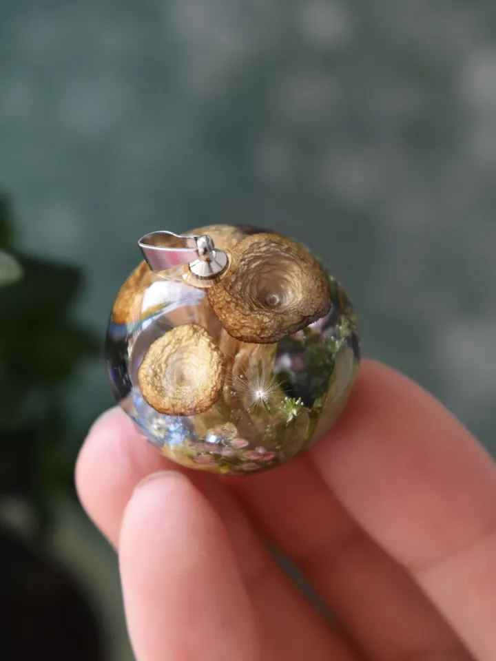 Pendant with mushrooms in resin. Forest Pendant. Necklace with a forest composition. Moss, forget-me-not, strawberries and snail in resin.