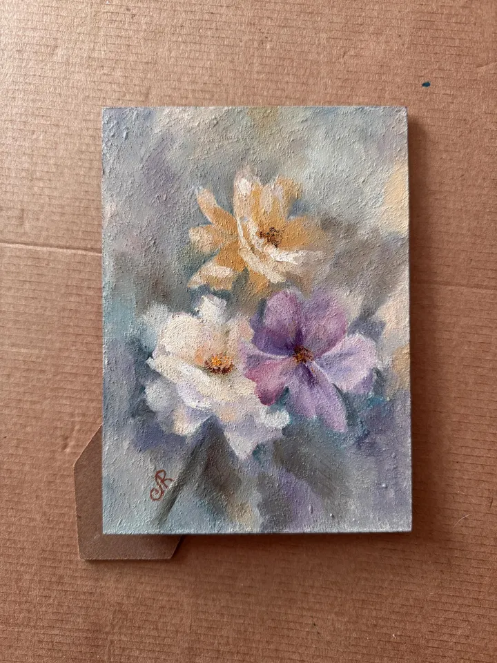 Flowers Original Painting Framed Painting Shabby Chic Painting Floral Wall Art