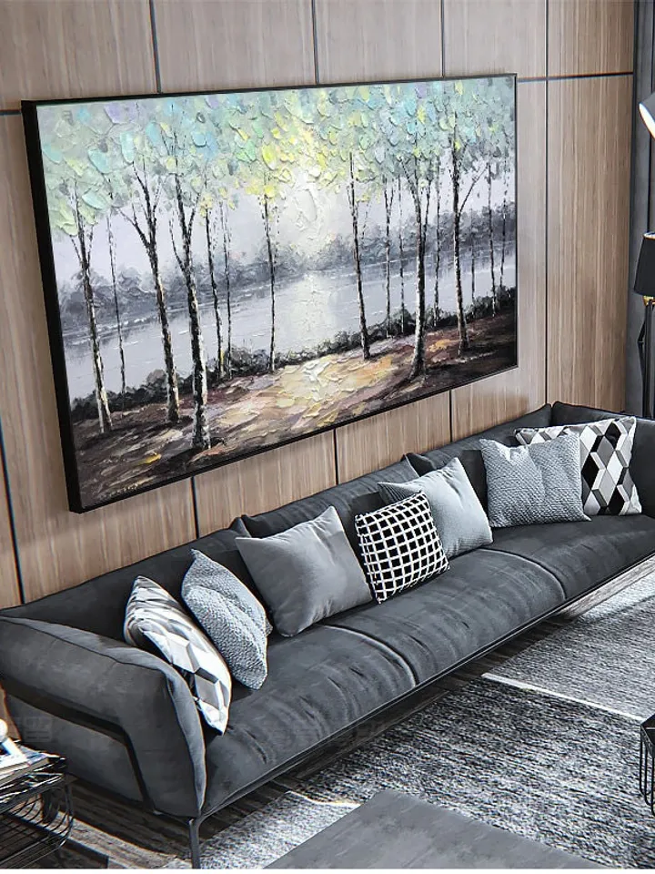 Large original oil painting on canvas,abstract art,riverside scenery,lake, trees,landscape,forest,nature,living room painting,large wall art