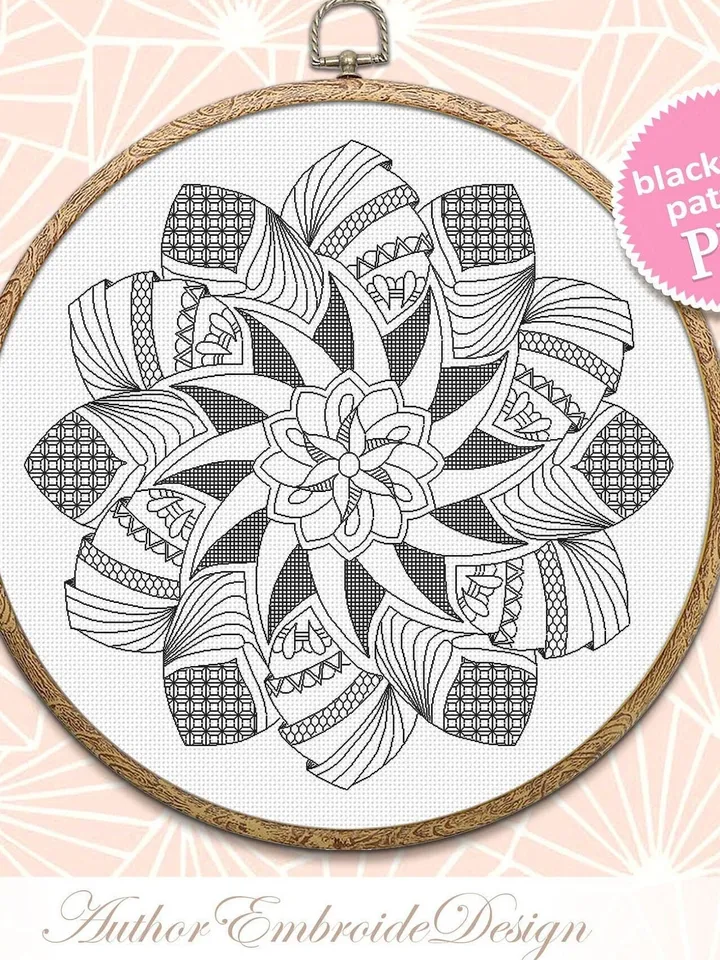 Geometric mandala blackwork pattern PDF Blackwork mandala embroidery download PDF, Mandala cross stitch, Backstitch chart, Home decor #W11