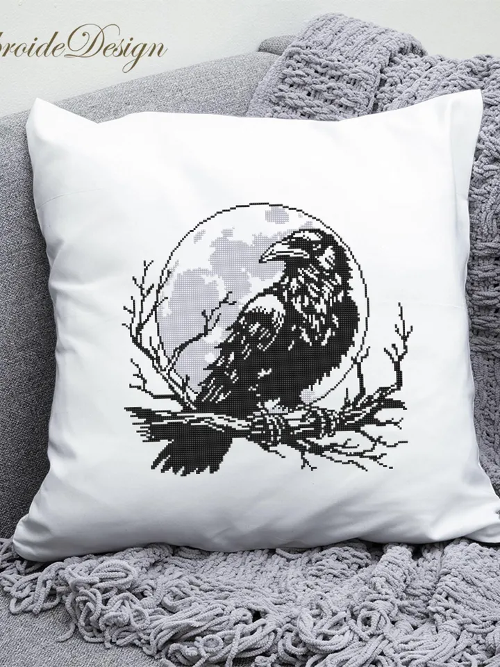 Raven cross stitch pattern PDF download Woodcut crow cross stitch chart, Gothic pattern digital PDF, Full moon, Halloween pattern #L88